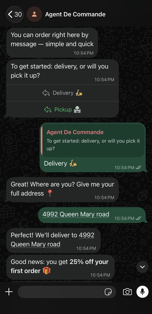 WhatsApp ordering conversation in English between a customer and a restaurant — Teza Solutions AI agent